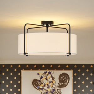 LightFixturesUSA - Modern Round White Fabric Drum Cage Semi Flush Mount - Ceiling Light - Black (Pre - Order) - 