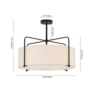 LightFixturesUSA - Modern Round White Fabric Drum Cage Semi Flush Mount - Ceiling Light - Black (Pre - Order) - 