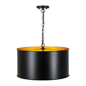 LightFixturesUSA-Moody 3-Light Black Gold Round Metal Drum Cage Pendant-Chandelier-30 in-
