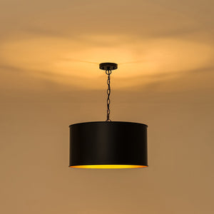 LightFixturesUSA-Moody 3-Light Black Gold Round Metal Drum Cage Pendant-Chandelier-30 in-