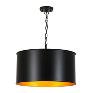 LightFixturesUSA-Moody 3-Light Black Gold Round Metal Drum Cage Pendant-Chandelier-30 in-