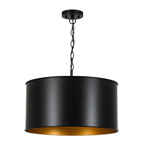 LightFixturesUSA-Moody 3-Light Black Gold Round Metal Drum Cage Pendant-Chandelier-30 in-