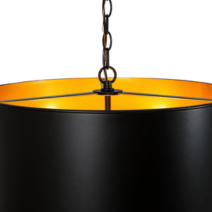 LightFixturesUSA-Moody 3-Light Black Gold Round Metal Drum Cage Pendant-Chandelier-30 in-