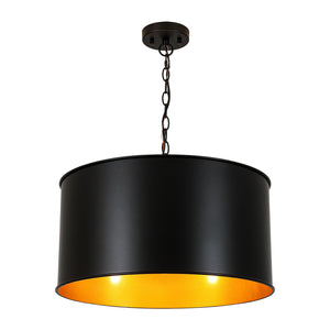 LightFixturesUSA-Moody 3-Light Black Gold Round Metal Drum Cage Pendant-Chandelier-30 in-