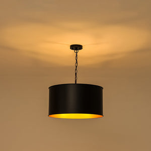 LightFixturesUSA-Moody 3-Light Black Gold Round Metal Drum Cage Pendant-Chandelier-30 in-