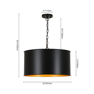LightFixturesUSA-Moody 3-Light Black Gold Round Metal Drum Cage Pendant-Chandelier-30 in-
