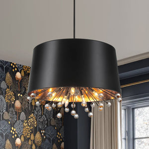 LightFixturesUSA - Moody Luxe Starburst Crystal Black Fabric Drum Cage Chandelier - Chandelier - 30.7 in - 