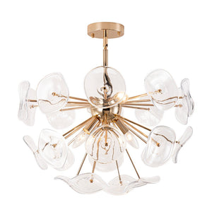 LightFixturesUSA - Morning Glory Glass Bloom Sunburst Semi Flush Chandelier - Ceiling Light - Brass - 