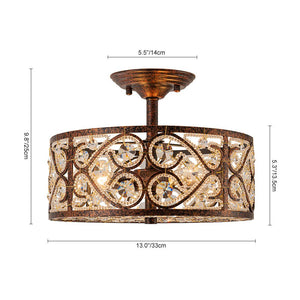 LightFixturesUSA - Moroccan Antique Crystal Drum Cage Semi Flush Mount - Ceiling Light - 13 in. - 