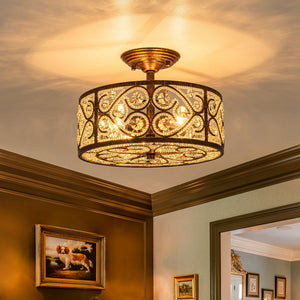 LightFixturesUSA - Moroccan Antique Crystal Drum Cage Semi Flush Mount - Ceiling Light - 13 in. - 