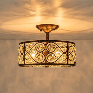 LightFixturesUSA - Moroccan Antique Crystal Drum Cage Semi Flush Mount - Ceiling Light - 13 in. - 