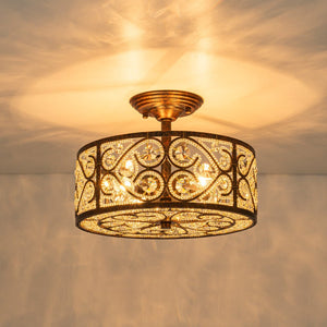 LightFixturesUSA - Moroccan Antique Crystal Drum Cage Semi Flush Mount - Ceiling Light - 13 in. - 