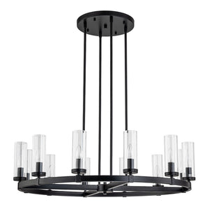 LightFixturesUSA - (OpenBox) 12 - Light Clear Glass Shade Wagon Wheel Chandelier - Chandelier - Black - 
