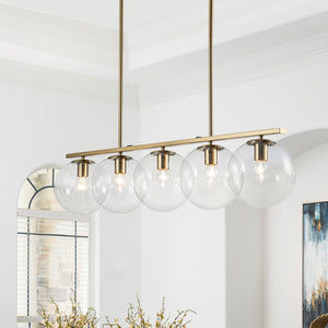 LightFixturesUSA - (OpenBox) Brass 5 - Light Glass Globe Linear Pendant - Chandelier - 