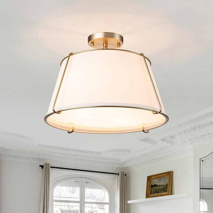 LightFixturesUSA - (OpenBox) Contemporary Wide Linen Drum Brass Semi Flush Mount - Ceiling Light - 4 - Lt - Brass