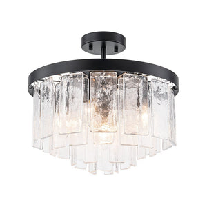 LightFixturesUSA - (OpenBox) Tiered Hammered Water Glass Round Semi Flush Mount - Ceiling Light - Black - 