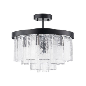 LightFixturesUSA - (OpenBox) Tiered Hammered Water Glass Round Semi Flush Mount - Ceiling Light - Black - 