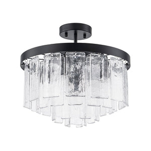 LightFixturesUSA - (OpenBox) Tiered Hammered Water Glass Round Semi Flush Mount - Ceiling Light - Black - 