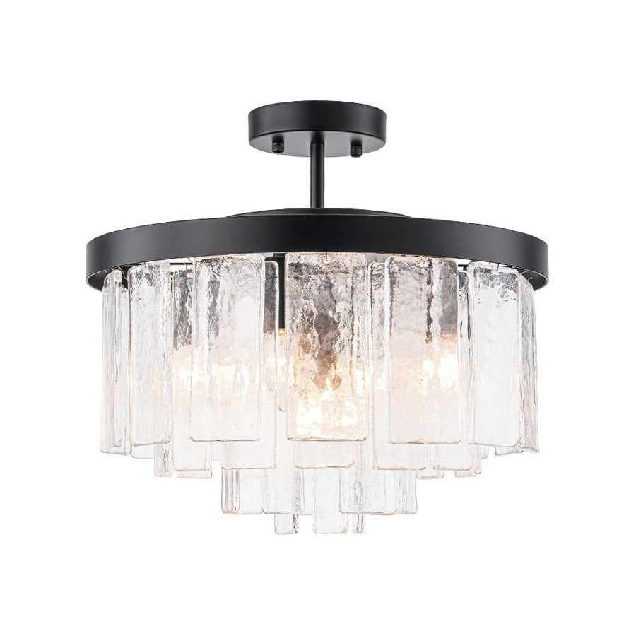 LightFixturesUSA - (OpenBox) Tiered Hammered Water Glass Round Semi Flush Mount - Ceiling Light - Black - 