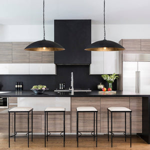 LightFixturesUSA - (OpenBox) Vintage Oversized Flat Dome Metal Pendant Light - Chandelier - Black+Gold - 1 - Lt