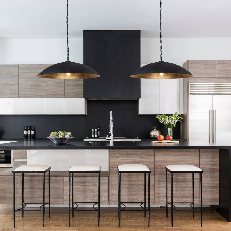 LightFixturesUSA - (OpenBox) Vintage Oversized Flat Dome Metal Pendant Light - Chandelier - Black+Gold - 1 - Lt