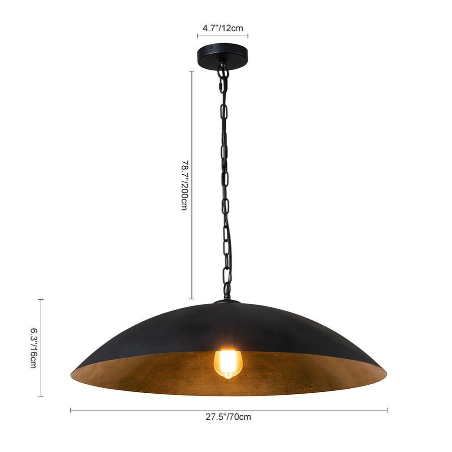 LightFixturesUSA - (OpenBox) Vintage Oversized Flat Dome Metal Pendant Light - Chandelier - Black+Gold - 1 - Lt