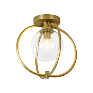 LightFixturesUSA-Orrery Brass Layered Ring 1-Light Glass Globe Semi Flush Mount-Ceiling Light-Brass-
