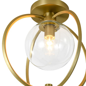 LightFixturesUSA-Orrery Brass Layered Ring 1-Light Glass Globe Semi Flush Mount-Ceiling Light-Brass-