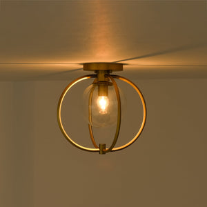 LightFixturesUSA-Orrery Brass Layered Ring 1-Light Glass Globe Semi Flush Mount-Ceiling Light-Brass-
