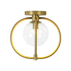 LightFixturesUSA-Orrery Brass Layered Ring 1-Light Glass Globe Semi Flush Mount-Ceiling Light-Brass-