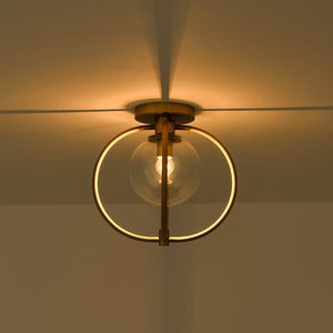LightFixturesUSA-Orrery Brass Layered Ring 1-Light Glass Globe Semi Flush Mount-Ceiling Light-Brass-