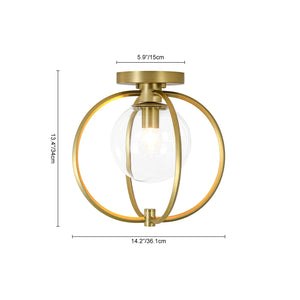 LightFixturesUSA-Orrery Brass Layered Ring 1-Light Glass Globe Semi Flush Mount-Ceiling Light-Brass-
