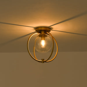 LightFixturesUSA-Orrery Brass Layered Ring 1-Light Glass Globe Semi Flush Mount-Ceiling Light-Brass-