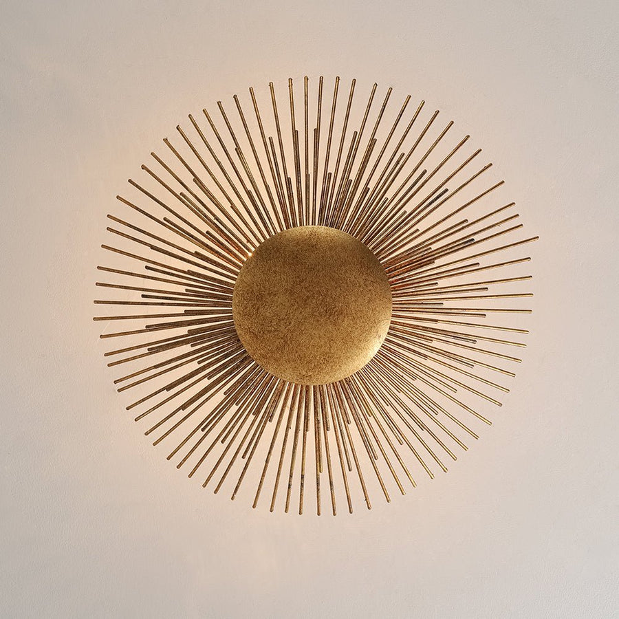 LightFixturesUSA - Radiant Antique Gild Gold Foiled Sunburst Round Semi Flush Mount - Ceiling Light - 16.9 in. - 