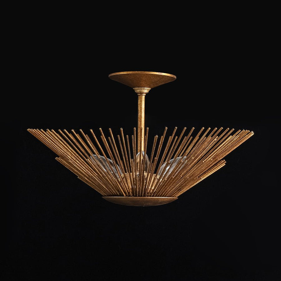 LightFixturesUSA - Radiant Antique Gild Gold Foiled Sunburst Round Semi Flush Mount - Ceiling Light - 16.9 in. - 