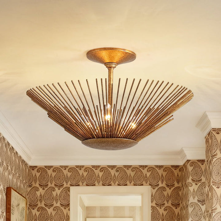 LightFixturesUSA - Radiant Antique Gild Gold Foiled Sunburst Round Semi Flush Mount - Ceiling Light - 16.9 in. - 