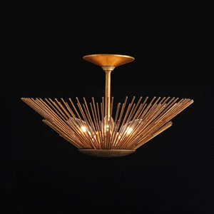 LightFixturesUSA - Radiant Antique Gild Gold Foiled Sunburst Round Semi Flush Mount - Ceiling Light - 16.9 in. - 