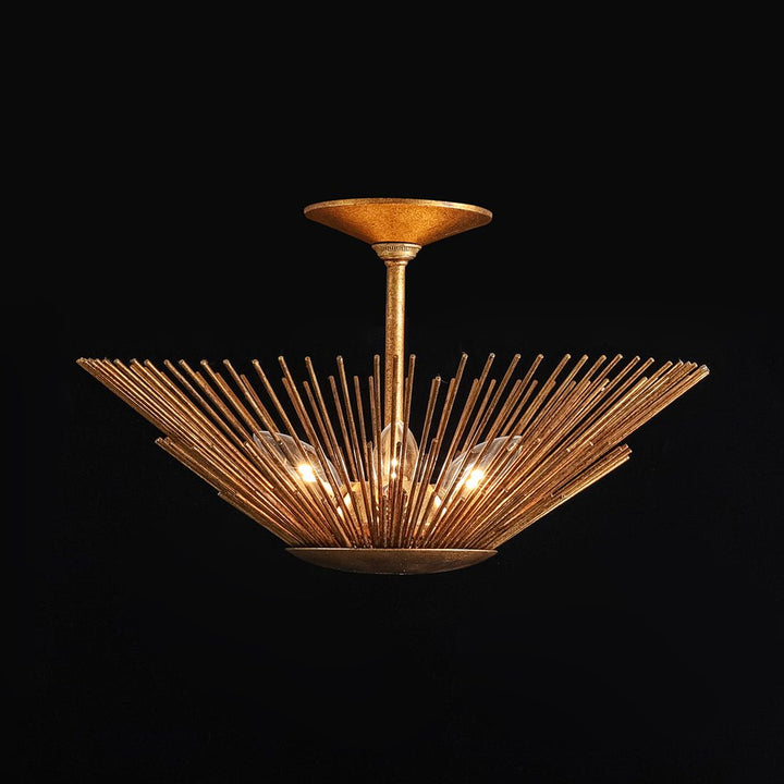 LightFixturesUSA - Radiant Antique Gild Gold Foiled Sunburst Round Semi Flush Mount - Ceiling Light - 16.9 in. - 