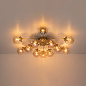 LightFixturesUSA - Retro Bloom 12 - Light Amber Glass Bubble Semi Flush Chandelier - Chandelier - Brass - 