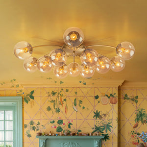 LightFixturesUSA - Retro Bloom 12 - Light Amber Glass Bubble Semi Flush Chandelier - Chandelier - Brass - 