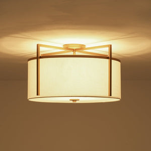 LightFixturesUSA - Retro Wide Drum Round Linen Cage Semi Flush Mount - Ceiling Light - Brass - 