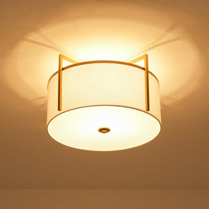 LightFixturesUSA - Retro Wide Drum Round Linen Cage Semi Flush Mount - Ceiling Light - Brass - 