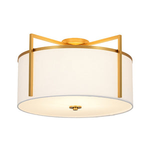 LightFixturesUSA - Retro Wide Drum Round Linen Cage Semi Flush Mount - Ceiling Light - Brass - 