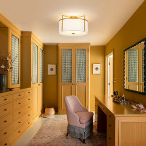 LightFixturesUSA - Retro Wide Drum Round Linen Cage Semi Flush Mount - Ceiling Light - Brass - 