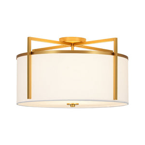 LightFixturesUSA - Retro Wide Drum Round Linen Cage Semi Flush Mount - Ceiling Light - Brass - 