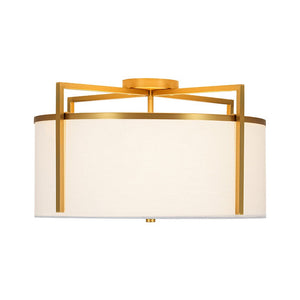 LightFixturesUSA - Retro Wide Drum Round Linen Cage Semi Flush Mount - Ceiling Light - Brass - 