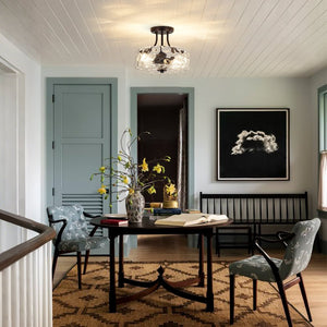 LightFixturesUSA - Round Drum Hammered Glass Semi Flush Mount - Ceiling Light - Black - 