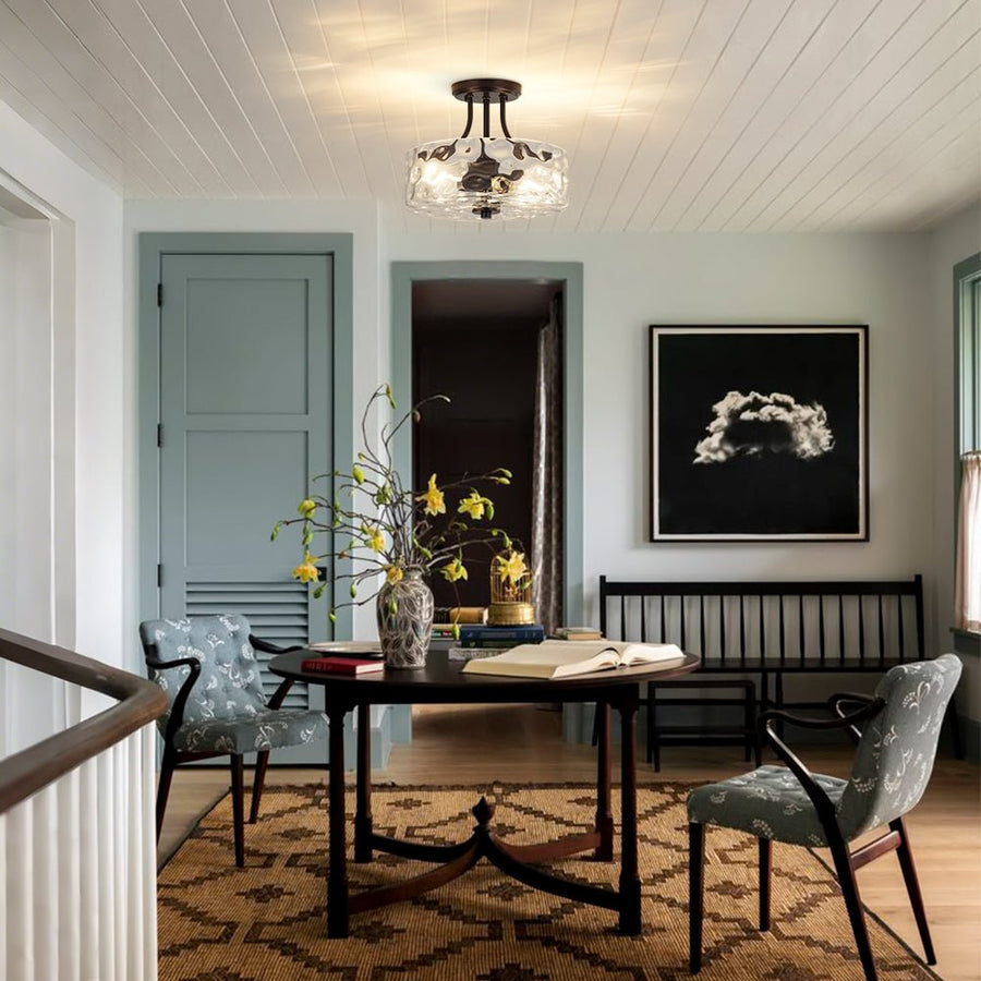 LightFixturesUSA - Round Drum Hammered Glass Semi Flush Mount - Ceiling Light - Black - 