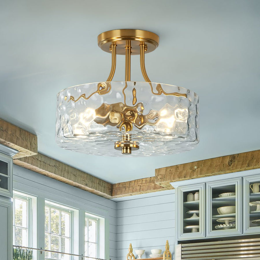 LightFixturesUSA - Round Drum Hammered Glass Semi Flush Mount - Ceiling Light - Brass - 
