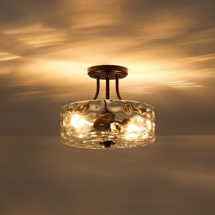 LightFixturesUSA - Round Drum Hammered Glass Semi Flush Mount - Ceiling Light - Oil - Rubbed Bronze (Exclusive Offer) - 